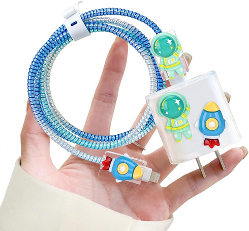 Cartoon Cable Protector Set Compatible for iPhone Charger, 3D Astronaut Design,Data Line USB Case Wire Cable Saver Clear Phone Charger Protective ...