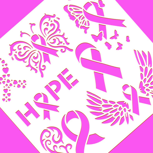 BENECREAT Ribbon Pattern Plastic Painting Stencils Templates, 12x12 inch Ribbons Wings Butterflies Heart Breast Cancer Prevention Theme Stencils f...