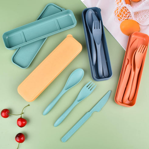 Reusable Wheat Straw Cutlery with Case, Portable Dark Utensils Set for Adults, Tableware Camping Cutlery Set for 4 People, Travel Utensils Set for...