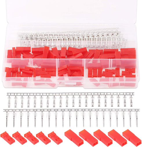 Hilitchi 300Pcs (50set) 2.54mm 2-Pin Female & Male Red Plug Housing Crimp Terminal Connector Kit Compatible with JST SYP...
