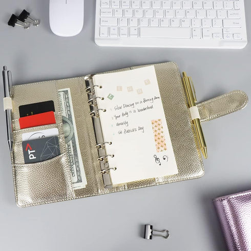 A6 Budget Binder Gold PU Leather Binders Cover Refillable 6 Rings Loose Leaf Notebook Cover with Magnetic Buckle Closure for Planner Traveller Jou...