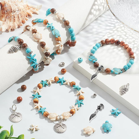 SUNNYCLUE 1 Box 6 Sets Ocean Bracelet Making Kit Sea Turtle Beads Turtle Charm Starfish Charms Wood Beads Summer Ocean Beads Sea Animal Beads Blue...