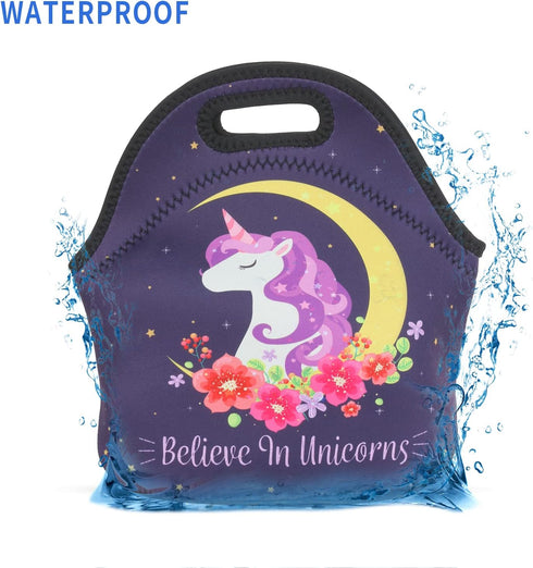 Violet Mist Cute Neoprene Lunch Bag Womens Insulated Lunch Bags Tote Black Unicorn Reusable Lunch Box Thermal Picnic Waterproof Lunch Handbag with...