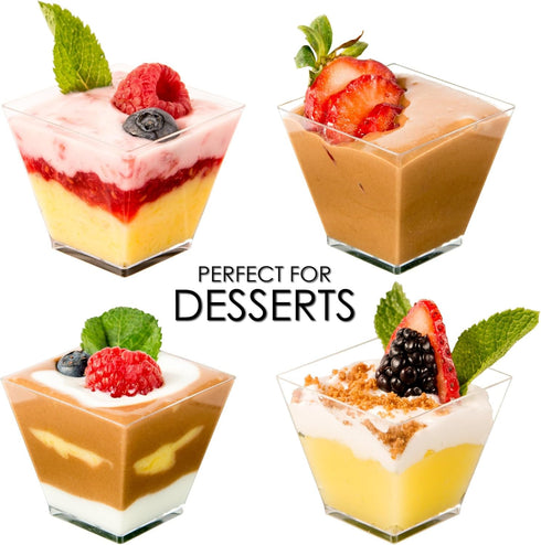 DLux 100 x 2oz Square Mini Dessert Cups (No spoons), Clear Plastic Parfait Appetizer Cup - Small Reusable Serving Bowl for Tasting Party Desserts ...