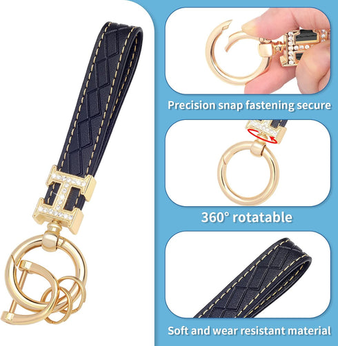 Black Leather double Bling Rhinestones keychain Fingerprint Resistant Plating Metal Key Chain Ring...