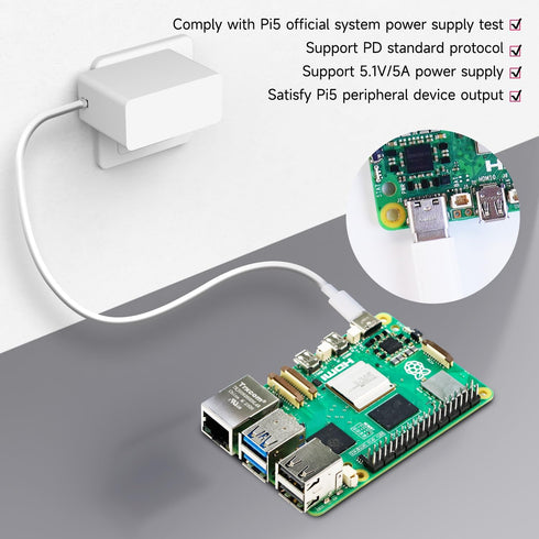 Yahboom Raspberry Pi 5 Power Supply 27W USB-C US Plug PD Power Adapter Raspberry Pi 5 Official Power Super Alternative 5V 5A...