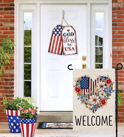 4th of July Patriotic Garden Flag 12x18 Double Sided, American Floral Heart Welcome Burlap Small Yard Flag for Independence Day Outside Decoration...