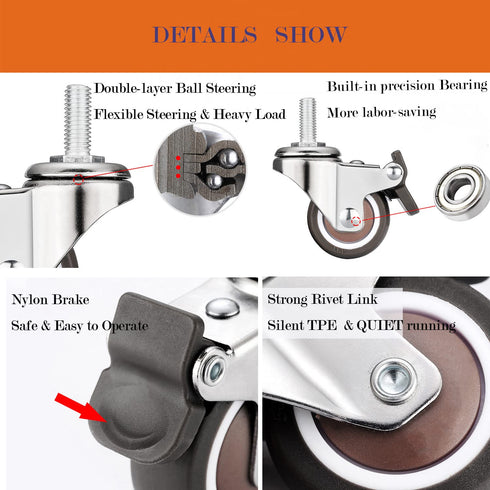 Stem Casters, 360 Degree Swivel Stem TPR Wheels with Metric M6-1.0x15mm Thread Rods Replacement Industrial Castors for Carts, Furniture, Dolly, Wo...