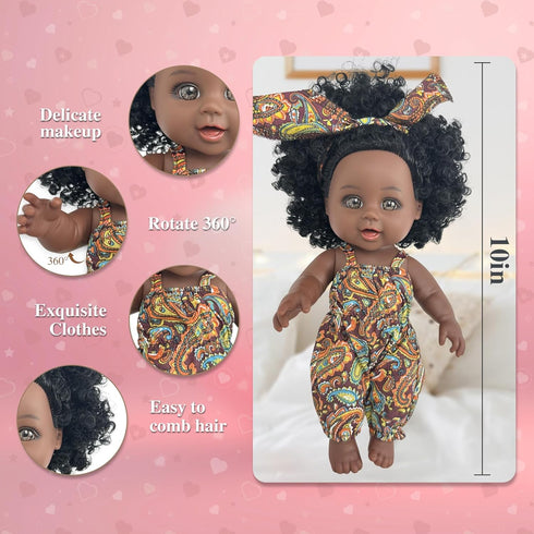 Nice2you Black Baby Doll, 10 inch American African Black Girl Doll with Dress, Realistic Reborn Baby Doll for Kids aged 2 3 4 5 6, Silicone Small ...