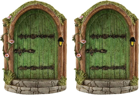 2Pcs Green Fairy Door Wooden Miniature Fairy Garden Doors Outdoor Mini Fairy Gnome House Accessories for Tree Trunk Ornaments Garden Miniatures, G...