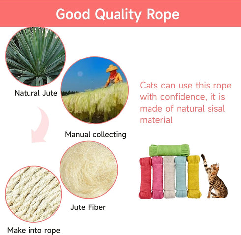 Multicolor Natural Hemp Rope, Cat Scratching Posts Replacement Rope,Repair and Replace Scratching Post cat Tree, 1/4" Rope DIY Cat Jute Twine,Come...