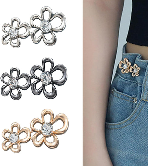 3 Sets Rhinestones Flower Pant Waist Tightener Jean Buttons for Loose Jeans,Cute Flowers Buttons for Jeans Button Pins for Jeans Crystal Floral Je...