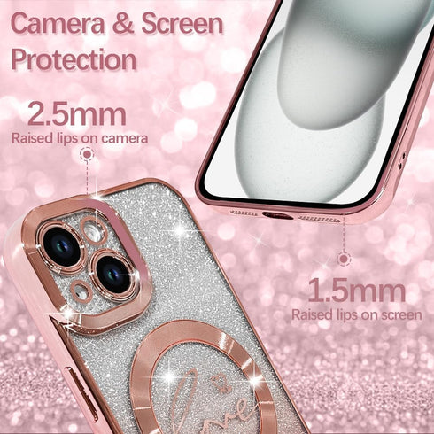 ZIYE Magnetic Case Designed for iPhone 15 Glitter Case Luxury Plating Love Heart Compatible with MagSafe Clear Case with Camera Protector Protecti...