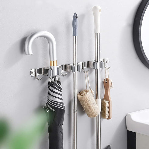 Broom Mop Holder Wall Mount Cleaning Tool holder, Heavy Duty Stainless Steel Broom Hanger Rack Hook Organizer, Garage Storag Racks wall Mounted Br...