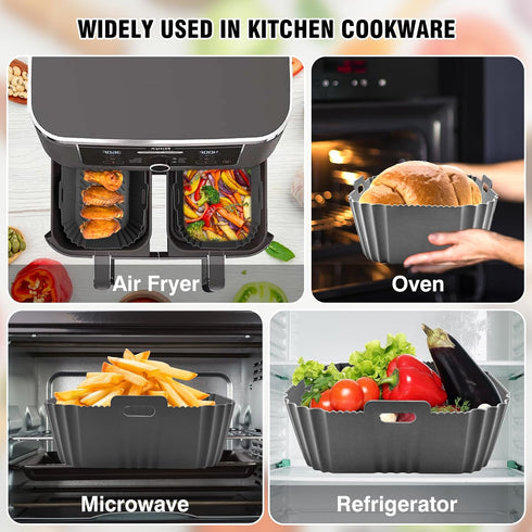 Large Air Fryer Silicone Liner for 8-10QT Ninja Dual Basket Air Fryer, Non-Stick Air Fryer Pot, Rectangular Air Fryer Silicone Basket, Reusable Ai...
