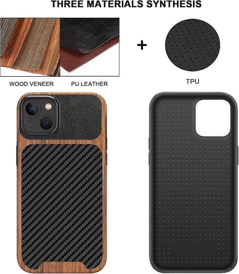 TENDLIN Compatible with iPhone 15 Case Wood Grain with Carbon Fiber Texture Design Leather Hybrid Slim Case (Black)......