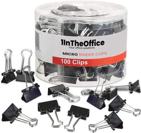 1InTheOffice Micro Binder Clips, Paper Clamps Micro Size, Black, 100 Clips"...