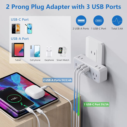2 Prong to 3 Prong Outlet Adapter, US to Japan Plug Adapter with 3 USB, Multi Plug Outlet Extender, 6 Outlets with Hidden Plug, Travel Plug Adapte...