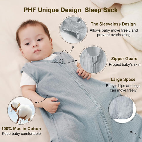 PHF 100% Muslin Cotton Baby Sleep Sacks, 0-6 Months Sleep Sack with 2-Way Zipper, 2 Pack Cooling Unisex 0.5 TOG Breathable Small Size Sleeveless B...