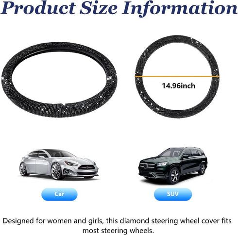 Bling Steering Wheel Cover, Crystal Diamond Steering Wheel Protector for Women Girls, 14-15 Inch Sparkling Rhinestone Decor Accessories, Universal...