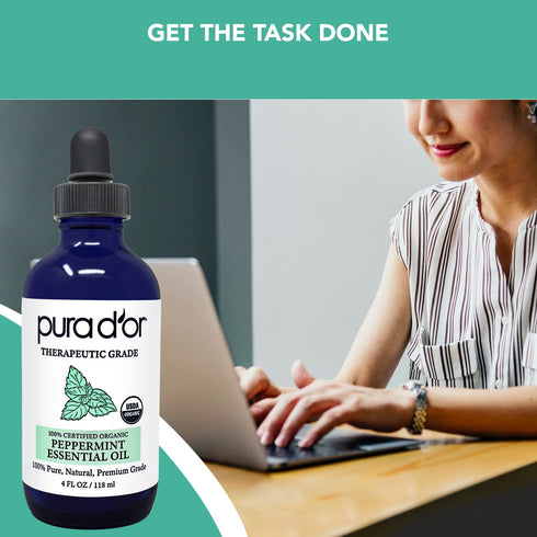 PURA D'OR ORGANIC Peppermint Essential Oil (4oz with Glass Dropper) 100% Pure & Natural Therapeutic Grade - Hair, Body, Skin, Aromatherapy Diffuse...