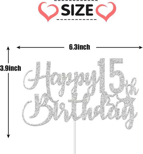Paroke & Bubble Silver Glitter Happy 15th Birthday Cake Topper - 15th Birthday Cake Topper, 15th Birthday Party Decoration...