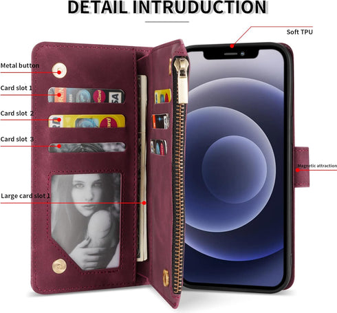 ZZXX for iPhone 12 Pro Wallet Case with Card Slot Premium Soft PU Leather Zipper Folio with Wrist Strap Kickstand Protective for iPhone 12 (Wine R...