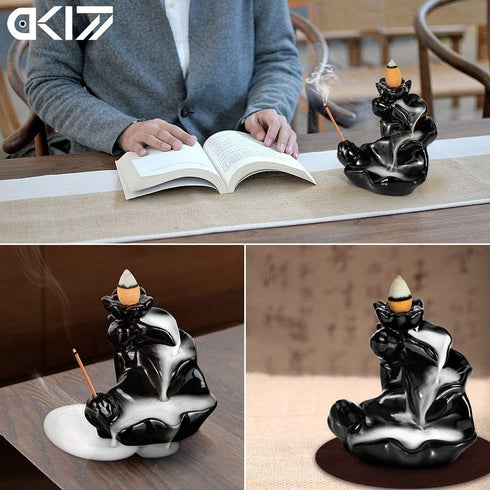 DK177 Waterfall Incense Holder Backflow Cone Ceramic Burner Handcrafted Porcelain Censer Incense Stick Stand with 20 Free Cones...