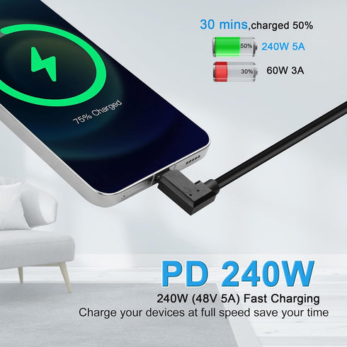 90 Degree USB 4.0 Cable Right Angled USB C to USB C Extension Cable 240W Fast Charging USB Type C Cable Supports Charging Data Audio Video for Lap...