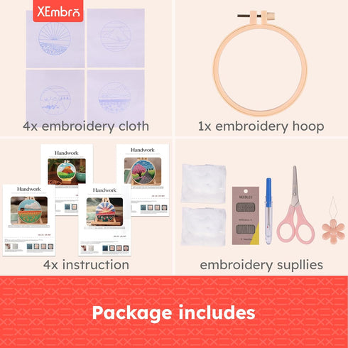 XEmbro 4 Sets Embroidery Kits for Beginners Adults, Embroidery Starter Kit with Pattern, Embroidery Cross Stitch Practice Kits with Embroidery Hoo...