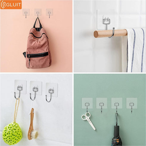 GLUIT Large Adhesive Hooks for Hanging Heavy Duty 22 lbs - Robe Towel Hanger Hooks, Waterproof Adhesive Wall Hooks for Home, Bathroom, Kitchen, Of...