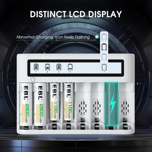 EBL AA AAA Battery Charger, Independent 8 Slots with Advanced Discharge Function, LCD Screen for 1.2V NiMH NiCD Rechargeable Batteries, Micro USB ...