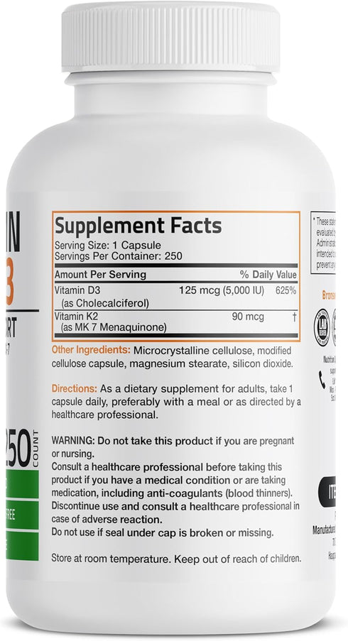 Bronson Vitamin K2 (MK7) with D3 Supplement Bone and Heart Health Non-GMO Formula 5000 IU Vitamin D3 & 90 mcg Vitamin K2 MK-7 Easy to Swallow Vita...