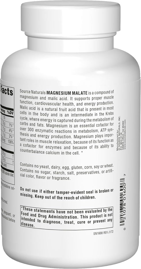 Source Naturals Magnesium Malate 625mg Supplement Essential, Bio-Available Magnesium Malic Acid Supplement - 200 Capsules (Packing may vary)...