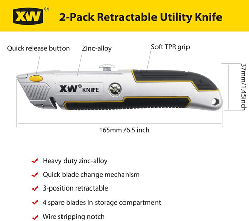 XW Retractable Utility Knife, Heavy Duty Zinc Alloy Box Cutter with Total 10 PCS Blades, 2-Pack...