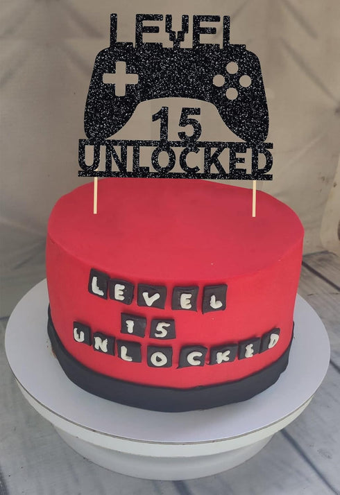 Level 15 Unlocked Cake Topper, Video Game Cake Topper, Game Controller Cake Topper for 15th Birthday Party Decoration...