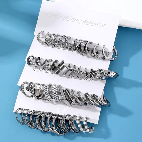 24 Pairs Black Silver Earring Set For Women, Chunky Earring Multipack Punk Trendy Big Small Stud Hoop Earring Lightweight Twisted Pearl Ear Pack F...