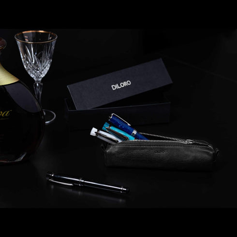 Leather Zippered Fountain Ballpoint Rollerball Pens and Pencils Case Holder Pouch Genuine Full Grain Soft Nappa Leather (Black)...