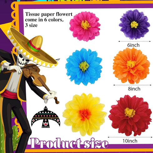 36 Pcs Mexican Paper Flowers Colorful Fiesta Tissue Paper Flowers Pom Poms Mexican Carnival Paper Flowers for Floral Party Backdrop Wedding Birthd...