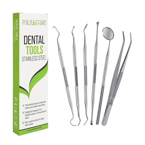Dental Tools, 6-Pack Stainless Steel Teeth Cleaning Kit - Dental Scraper, Pick, Mouth Mirror, Tweezer for Dentist, Personal, Pets - Tartar & Plaqu...