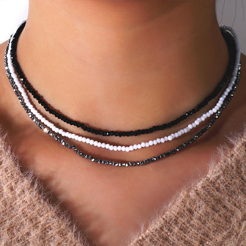 Black White Silver Gemstone Crystal Beaded Layered Choker Necklaces for Women, Dainty Y2k Handmade Triple Stone Beads Chain Twisted Necklace Beach...