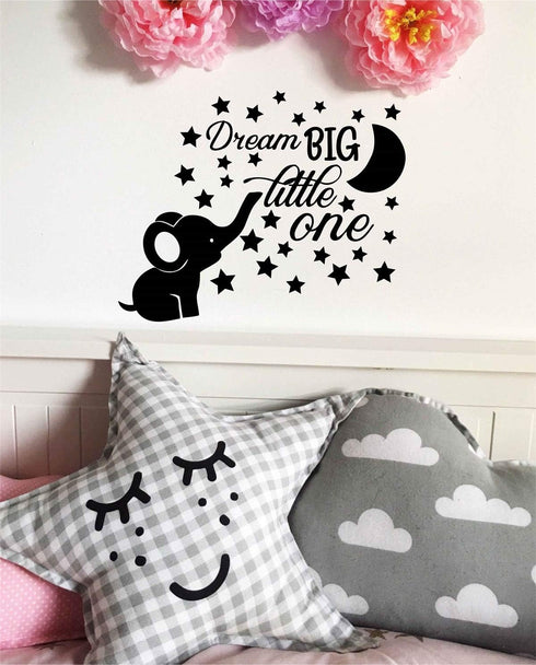 Dream Big Little One Lovely Elephant and Moon Stars Wall Decor Stickers for Kids Room Baby Girl Decals BA048 (Black)...