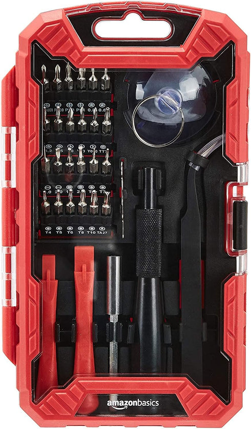 Amazon Basics Electronics Repair Screwdriver Set, Set of 32 Pieces, Red...