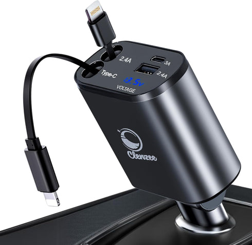 Retractable Car Charger 4 in 1 Fast Car Phone Charger - 66W with 2 Retractable Lightning Cords, USB-A & USB-C Ports to Rapidly Charge 4 Devices at...
