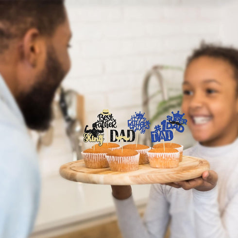 Gyufise 24Pcs Happy Father's Day Cupcake Toppers Glitter Moustache Tie King Super #1 Dad Best Dad Tool Construction Cupcake Picks for Happy Father...