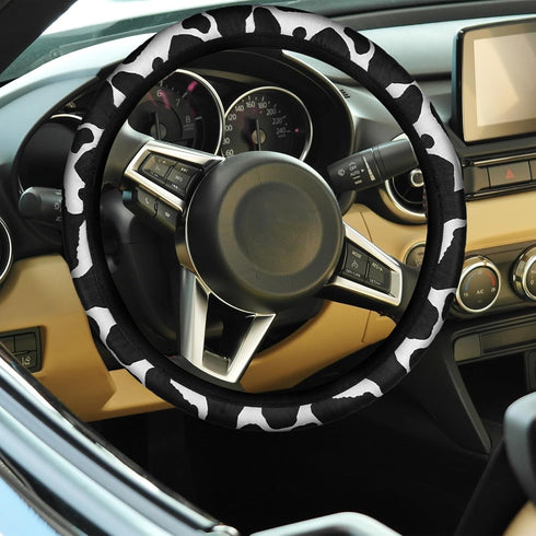 Tallew 7 Pieces Cow Print Car Accessories Set Include Steering Wheel Cover License Plate Frame with Screws Cup Holders Keyring Bracelet Handbrake ...