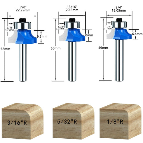 Roundover Edging Router Bit Set 1/4 Inch Shank Router Bit Set, Carbide Roundover Bits for Rounding Edge Forming, Woodworking Milling Tools Corner ...