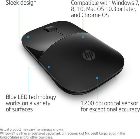 HP Wireless Mouse Z3700 (26V63AA#ABL, Black), Dimensions (mm) : 101 x 60 x 25.3...