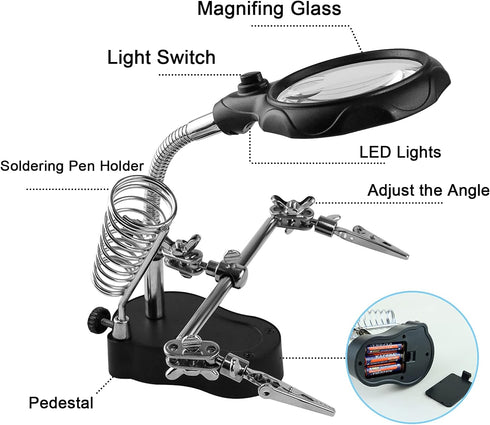 Helping Hands Magnifying Glass Soldering Station, LED Lighted 3.5X 12X Magnifier with Auxiliary Clips Alligator Clamp for Miniatures Projects,Mode...