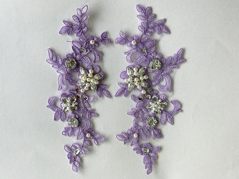 Zbroh Fine Lace Fabric Patches Embroidered rhinestones Trim Applique Decor Dress Decoration sew on sequins beads accessory one pair (light purple)...